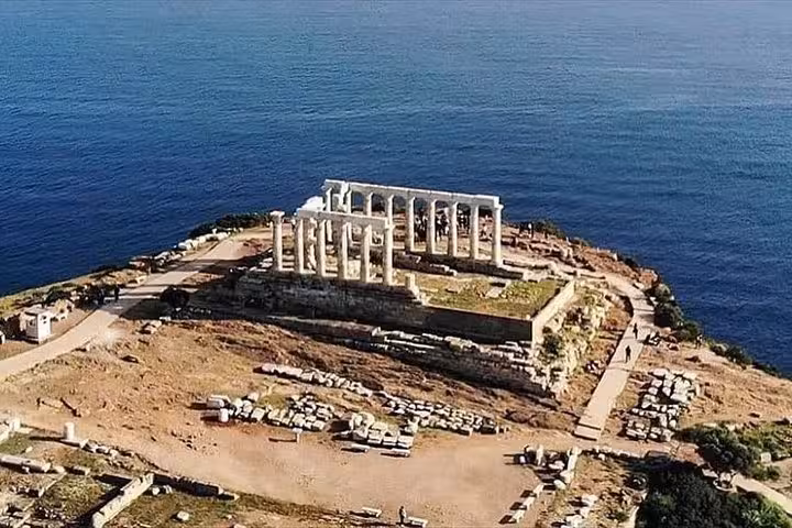 Aerial view of Cape Sounion Temple of Poseidon ruins above the Aegean Sea on a luxury private sunset tour from Athens