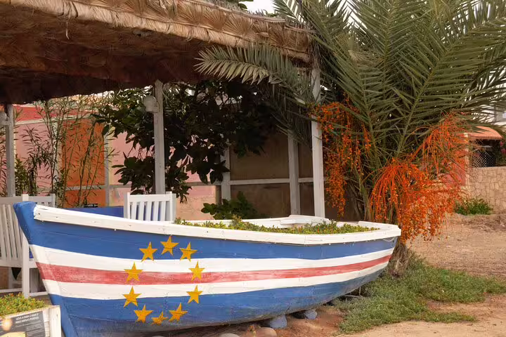 Colorful Cape Verde boat planter by a palm, Sal Island decor near Espargos on private airport transfer route