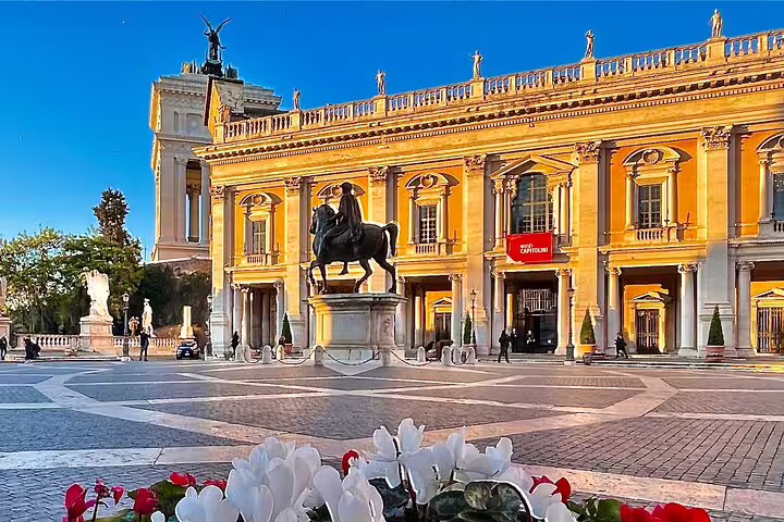 Capitoline Hill square in Rome with equestrian statue and Renaissance palazzo, visited on Civitavecchia round-trip city tour