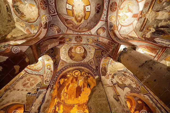 Frescoed ceiling inside a Cappadocia cave church, visited on full-day Cappadocia tour from Istanbul by flight
