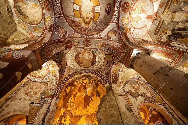 Cappadocia cave church ceiling frescoes in Göreme Open Air Museum on 6-day Istanbul tour with flights