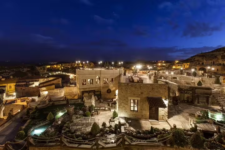 Cappadocia cave hotel terrace at dusk, part of Turkey 13-day private history guided tour with flights and 4-star stays