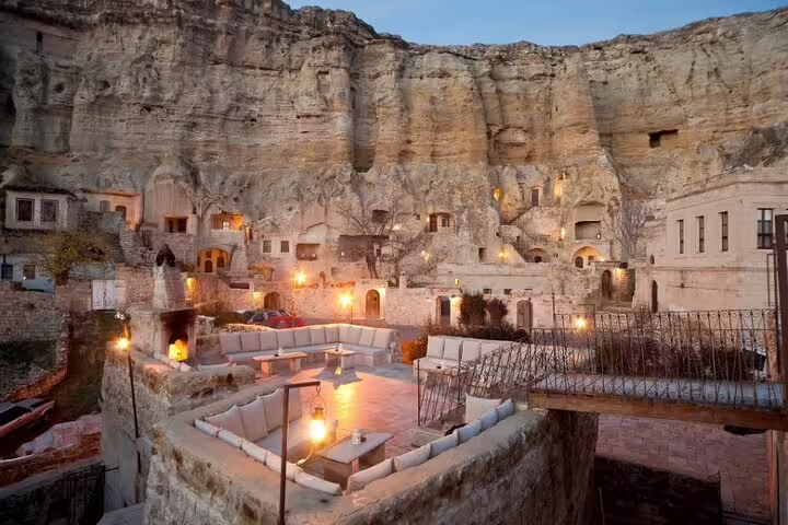 Cappadocia cave hotel terrace at dusk in Goreme on Turkey 13-day private guided history tour with 4-star stays