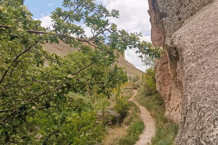 Scenic hiking trail beside rock cliffs in Cappadocia, Turkey, on a 2-day private trekking tour route