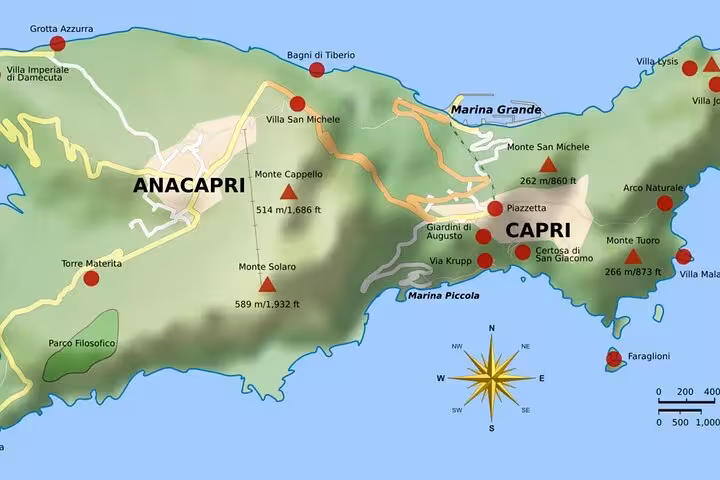 Map highlighting key attractions in Capri and Anacapri, ideal for planning a private boat tour from Sorrento.