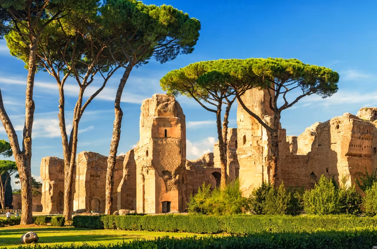 Ancient Roman Baths of Caracalla ruins framed by umbrella pines, highlight of guided Rome city tour