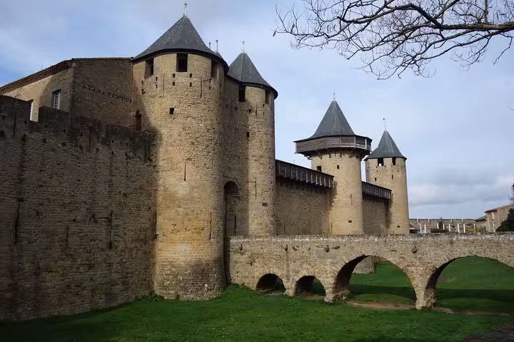 Medieval towers and stone bridge of Carcassonne fortified castle with green grass foreground