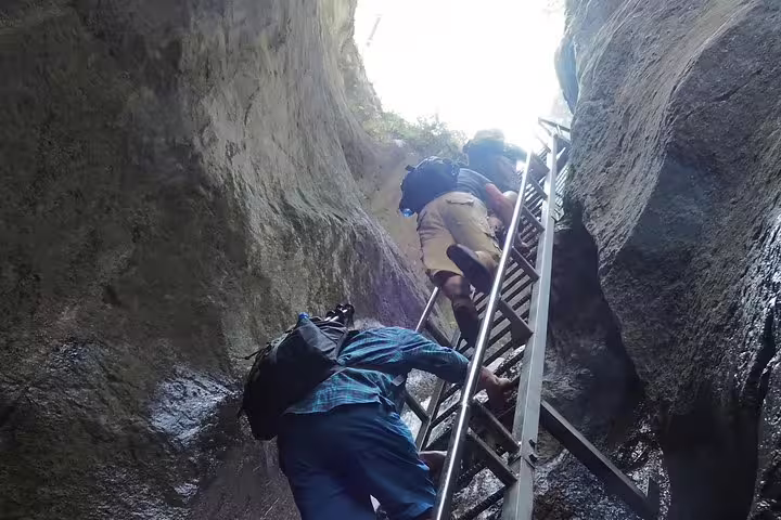 Hikers climbing steep metal ladder through narrow rocky canyon in Carpathian Mountains, Transylvania