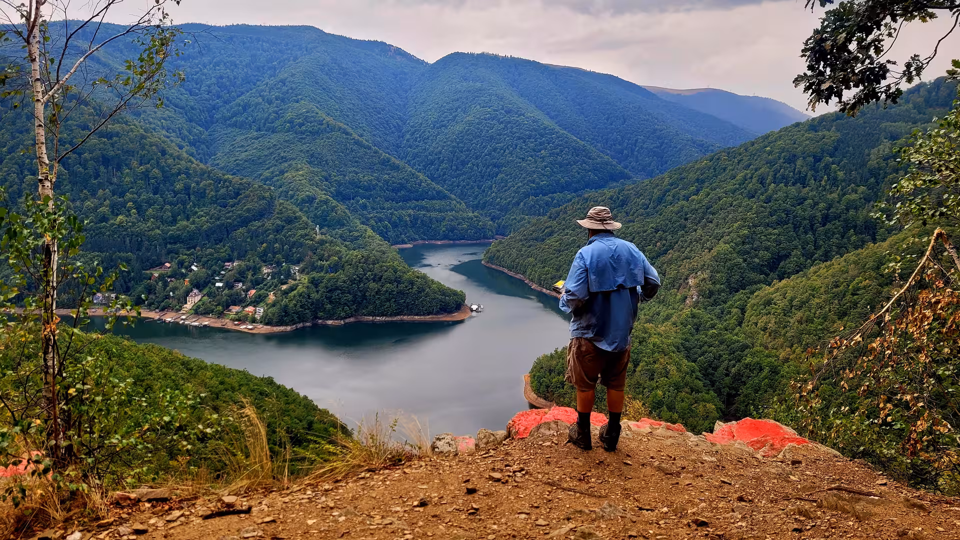 Hiker overlooking a winding mountain lake surrounded by lush green Carpathian forest valleys