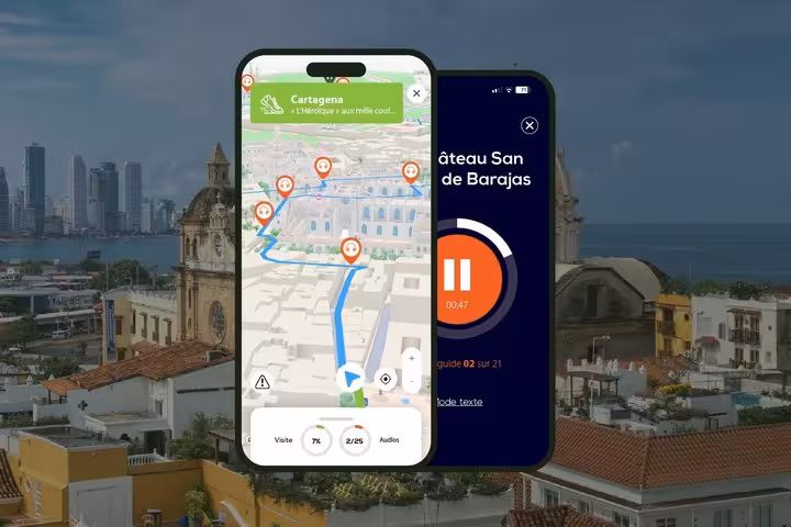 Cartagena self-guided audio walking tour app showing map navigation and Castillo San Felipe de Barajas landmark