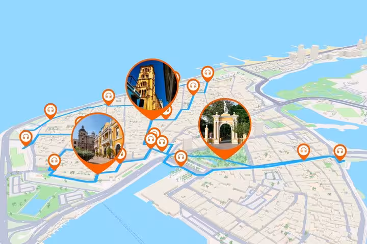 Interactive audio walking tour map of Cartagena showing 21 landmarks with orange pins and historic monuments