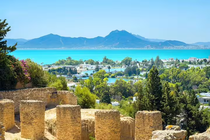 Panoramic view of Carthage ruins with lush greenery and a stunning Mediterranean Sea backdrop.