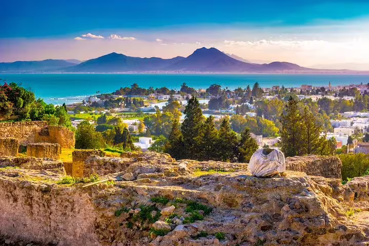Stunning view of ancient Carthage ruins overlooking the Mediterranean Sea and Tunisian landscape on a clear day.