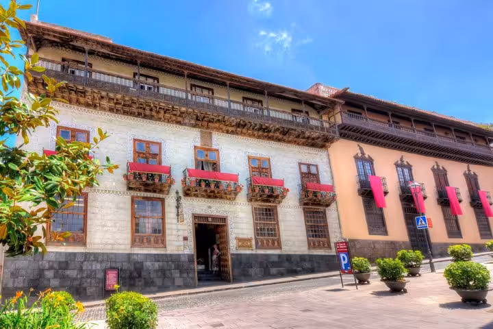 Historic Casa de los Balcones building with ornate wooden balconies in La Orotava, Tenerife