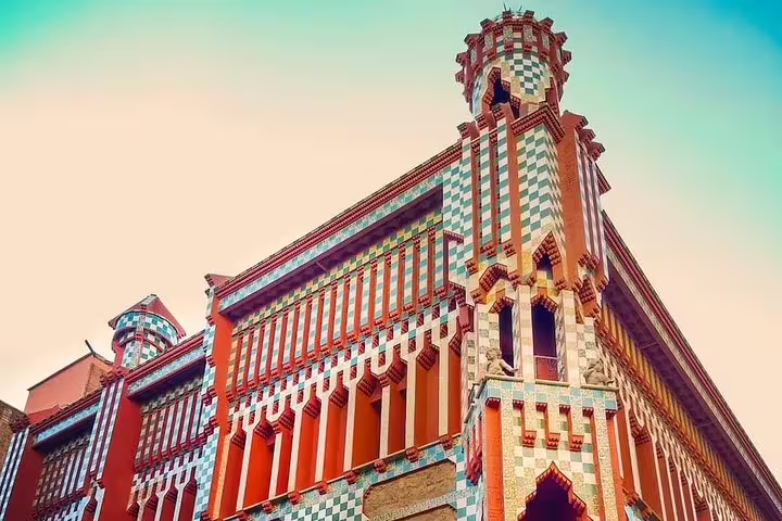 Vibrant exterior of Casa Vicens, showcasing Gaudi's colorful architectural style, featured in the private tour of La Pedrera and Casa Vicens.
