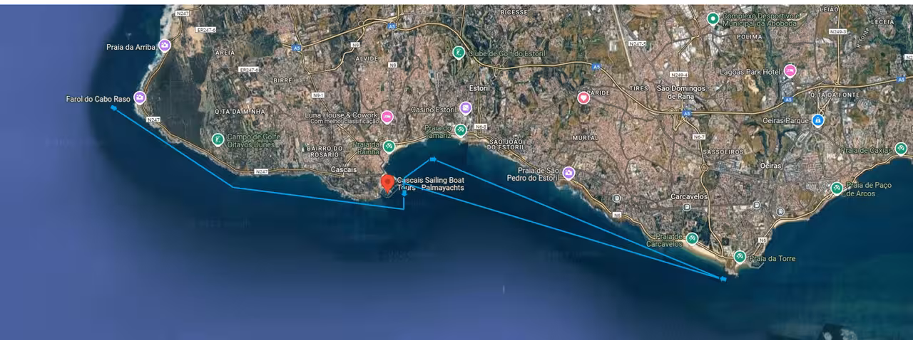 Aerial map showing the luxury private sunset cruise route along Cascais coastline with marked sailing waypoints
