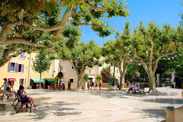 Charming Cassis village square with vibrant trees and colorful facades, perfect for a serene strolling experience.