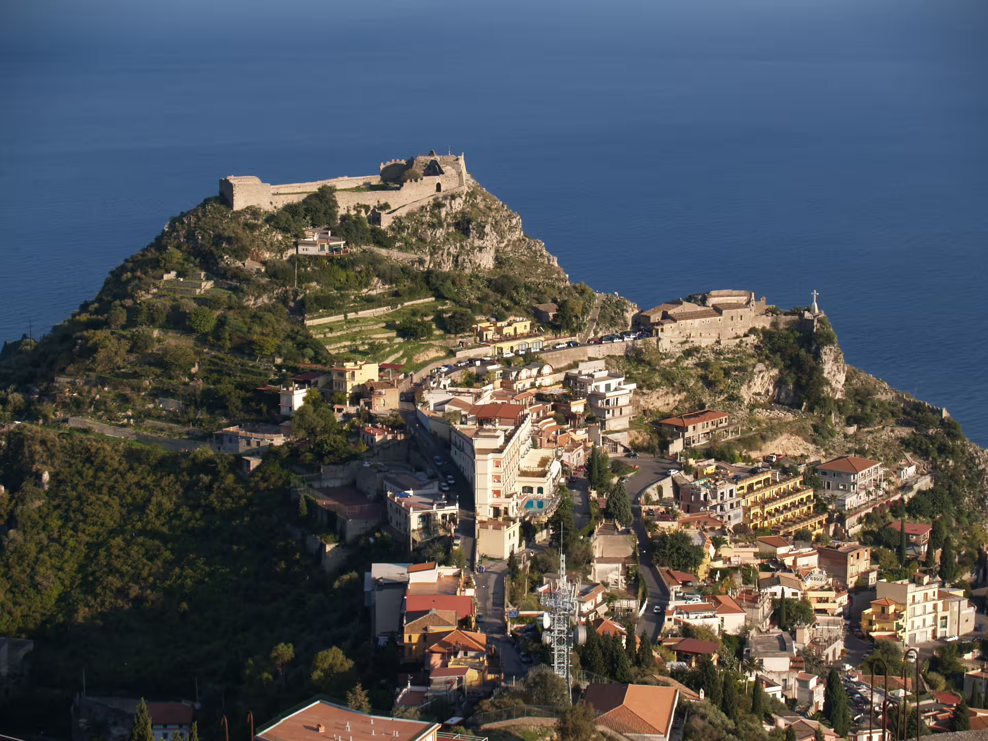 Castelmola hilltop village and fortress views above Taormina on a small group tour in Sicily
