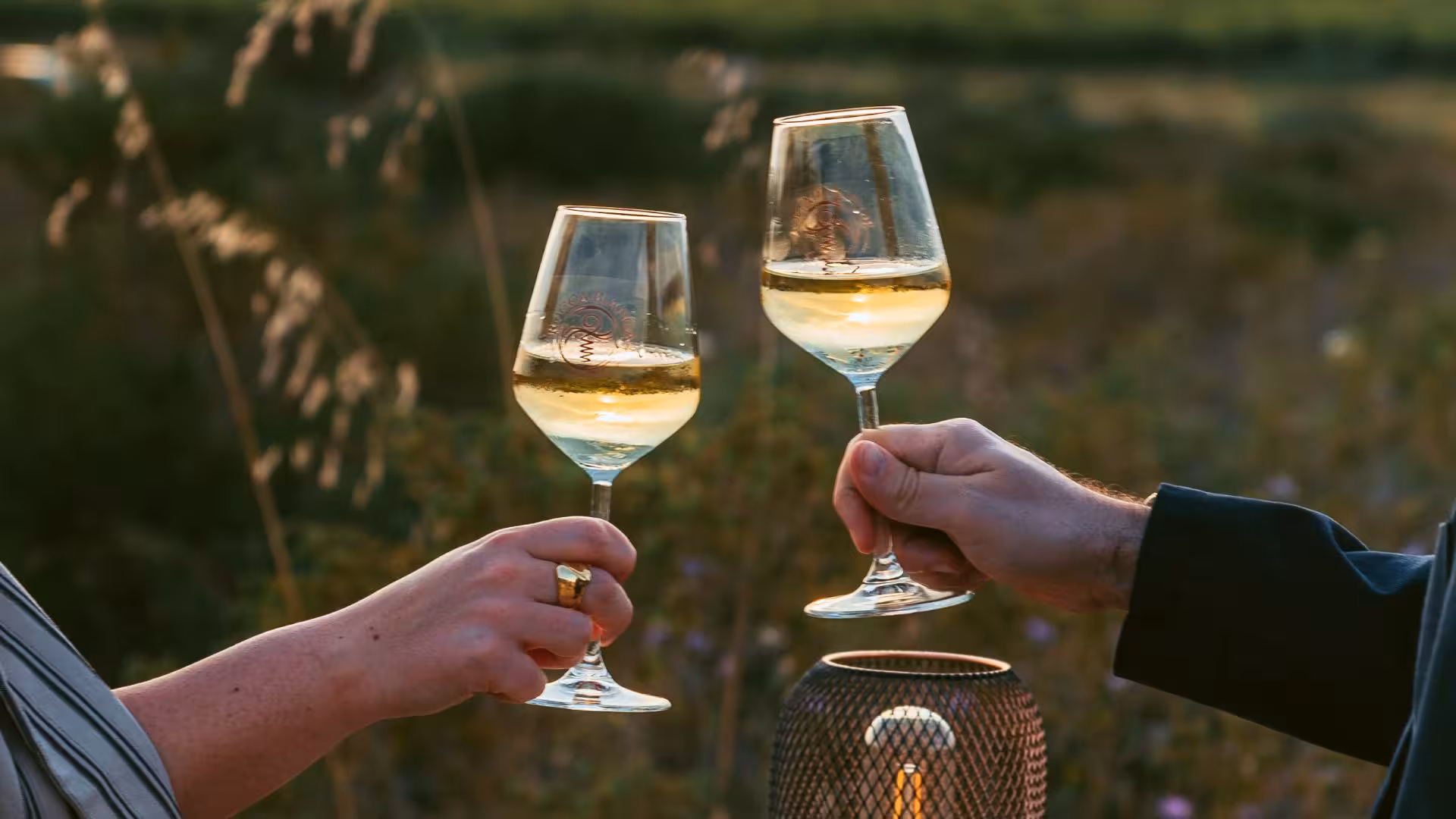 Two people clinking wine glasses during sunset in Castelsardo estate with a scenic sea view backdrop.