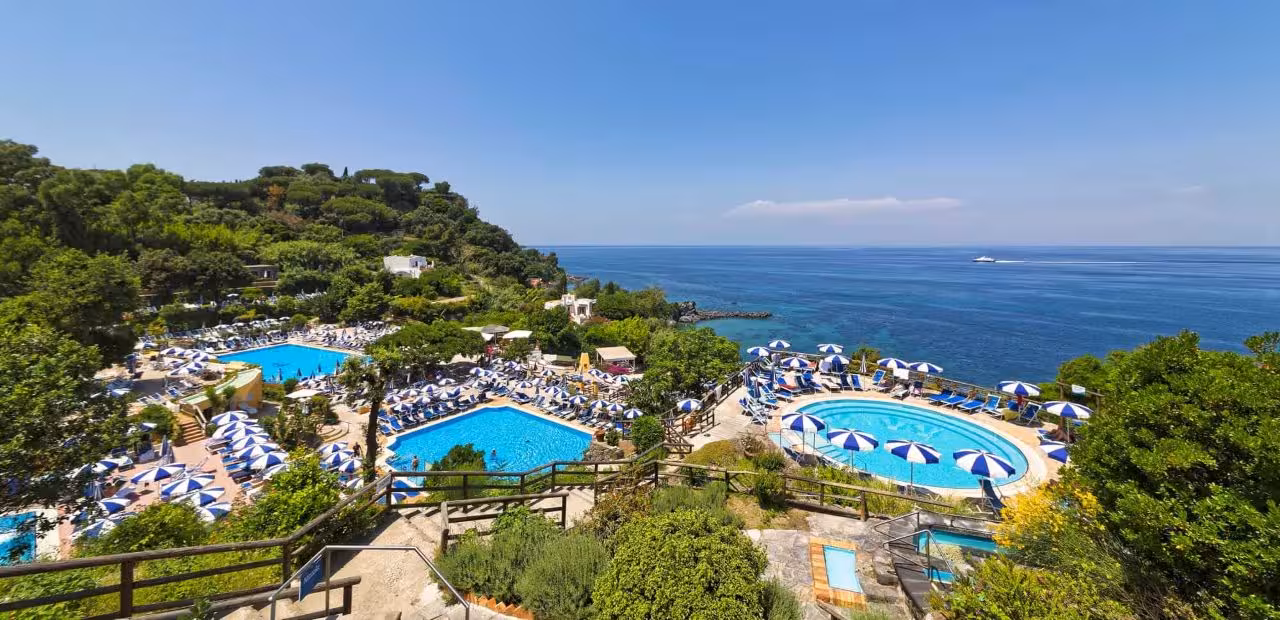 Panoramic sea-view pools at Castiglione Thermal Baths, Ischia spa park tour with transfer from Naples