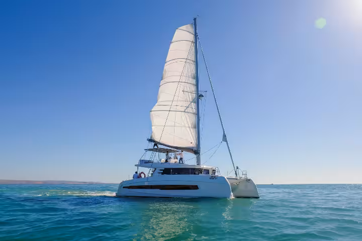 A sleek white catamaran sailing on turquoise waters during a private half-day boat tour in Vilamoura