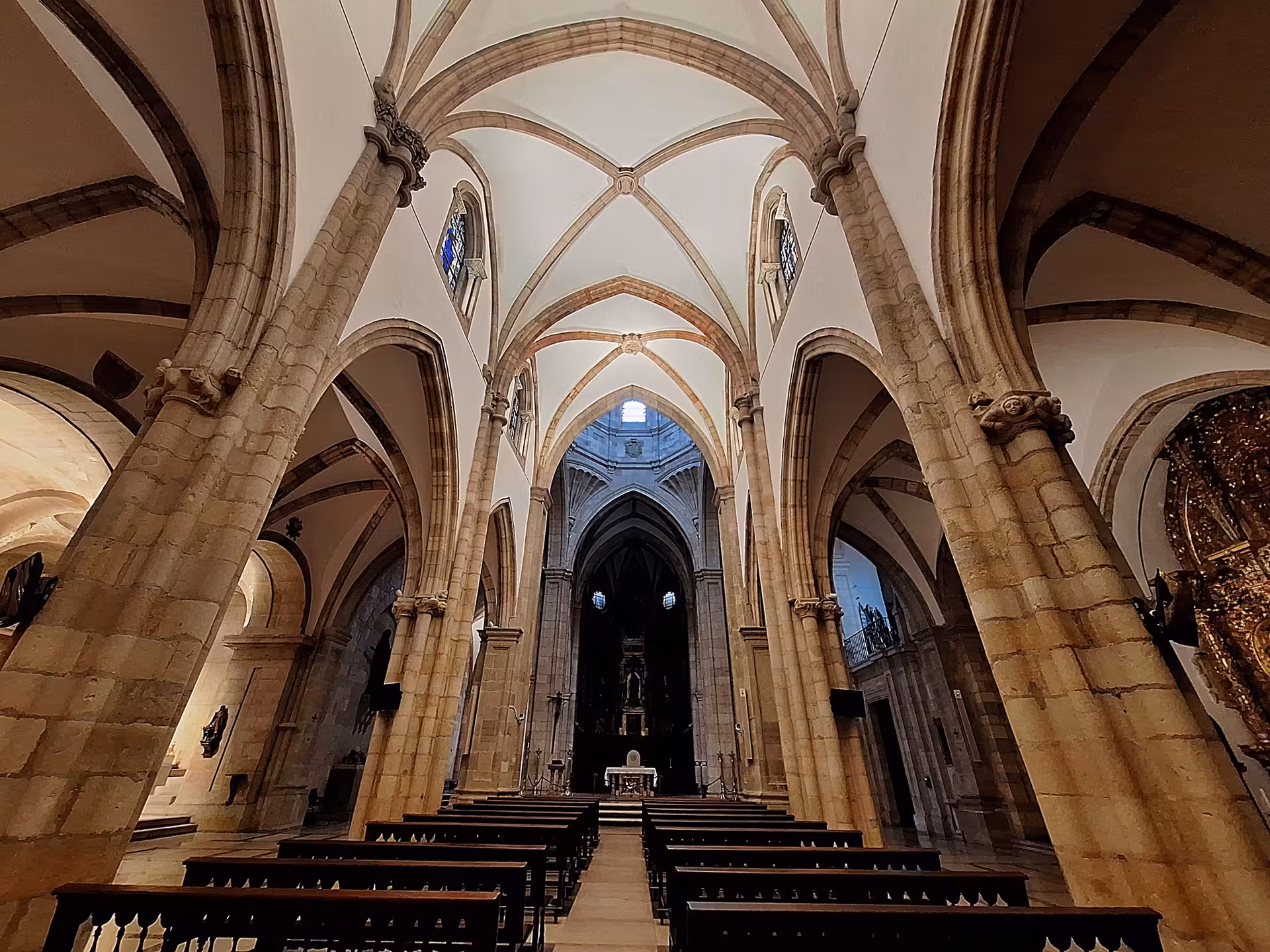 Majestic interior of the Cathedral of Santander showcasing stunning Gothic arches and illuminated altar.
