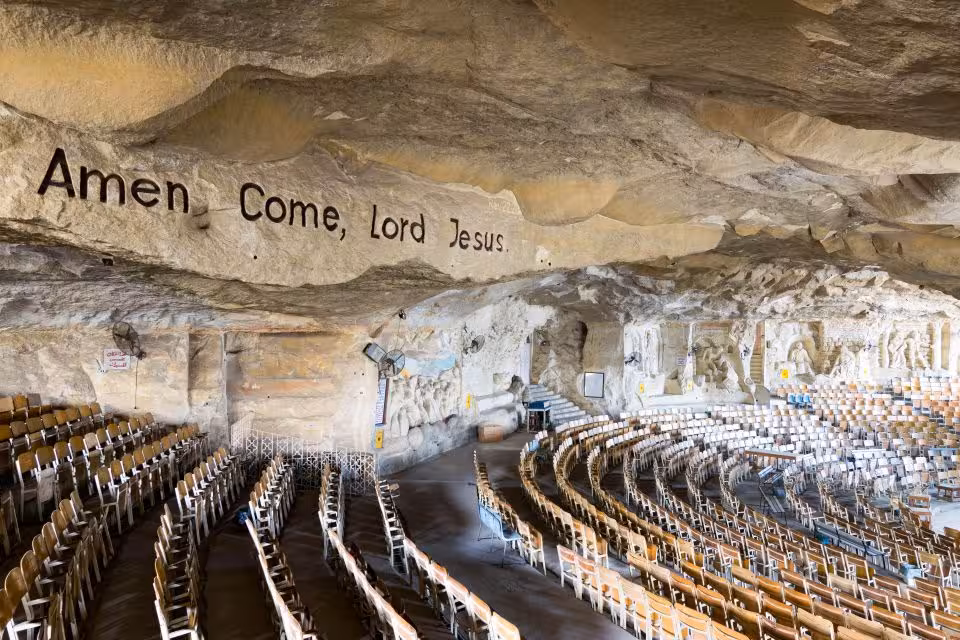 Cave Church of Saint Simon in Old Cairo with “Amen Come, Lord Jesus” and tiered seats on day trip tour