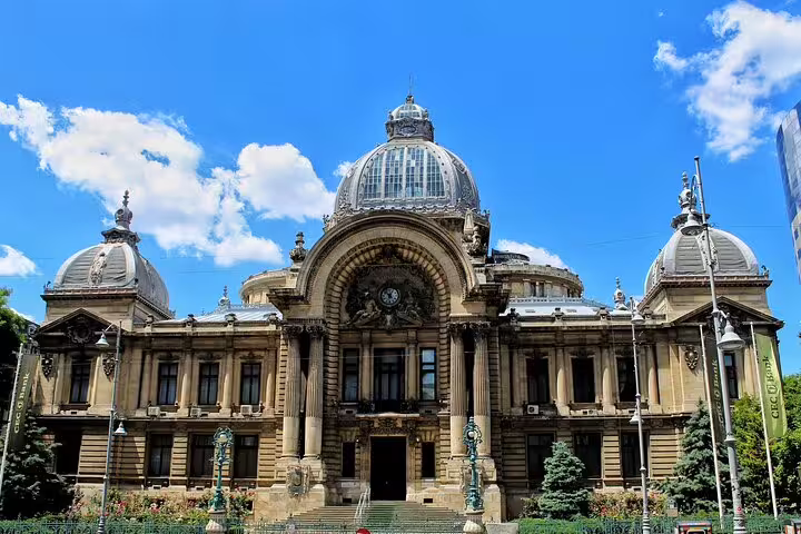 CEC Bank Palace neoclassical building with ornate dome in Bucharest Old Town under blue sky