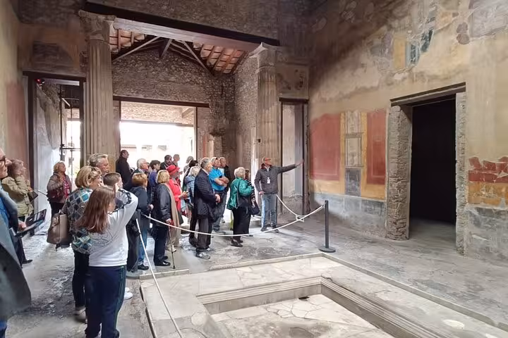 A certified guide leads a group through Pompeii's ruins, explaining frescoes and history on a private walking tour.