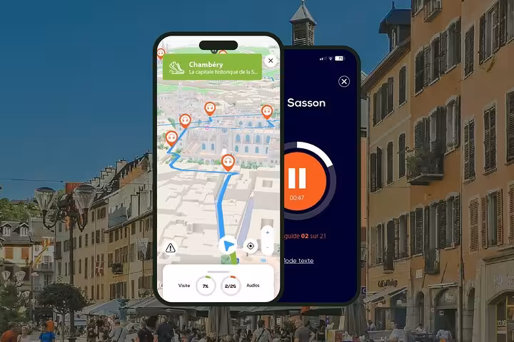Chambery self-guided walking tour app showing GPS map and audio guide on two smartphones