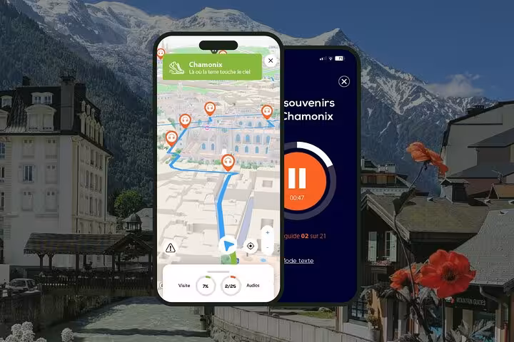 Chamonix self-guided walking tour app showing GPS map route and audio guide on smartphone with Alpine town backdrop