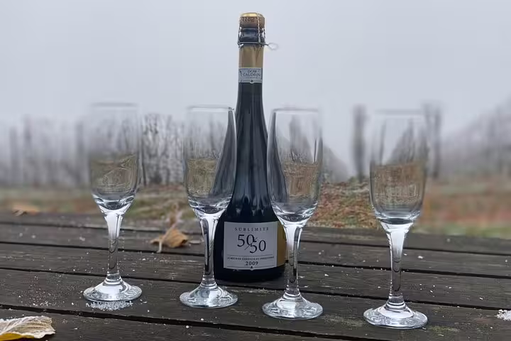 Champagne bottle and tasting flutes set on vineyard table during small-group Champagne day trip from Paris