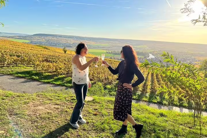 Guests toast with Champagne on vineyard hillside during small-group day trip from Paris with tastings
