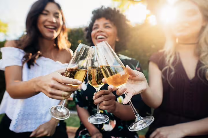 Group enjoying a champagne toast in a vineyard setting during a private day trip to Reims with French lunch from Paris.
