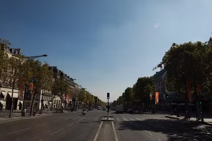 Tree-lined Champs-Elysees boulevard stretching under a clear blue sky on a private 2-hour Paris walking tour