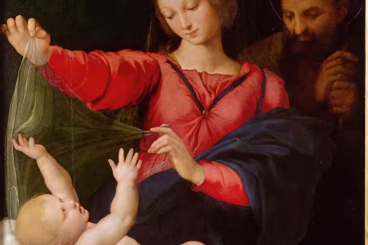 Renaissance painting of Madonna in red dress holding veil over infant Christ with Saint Joseph