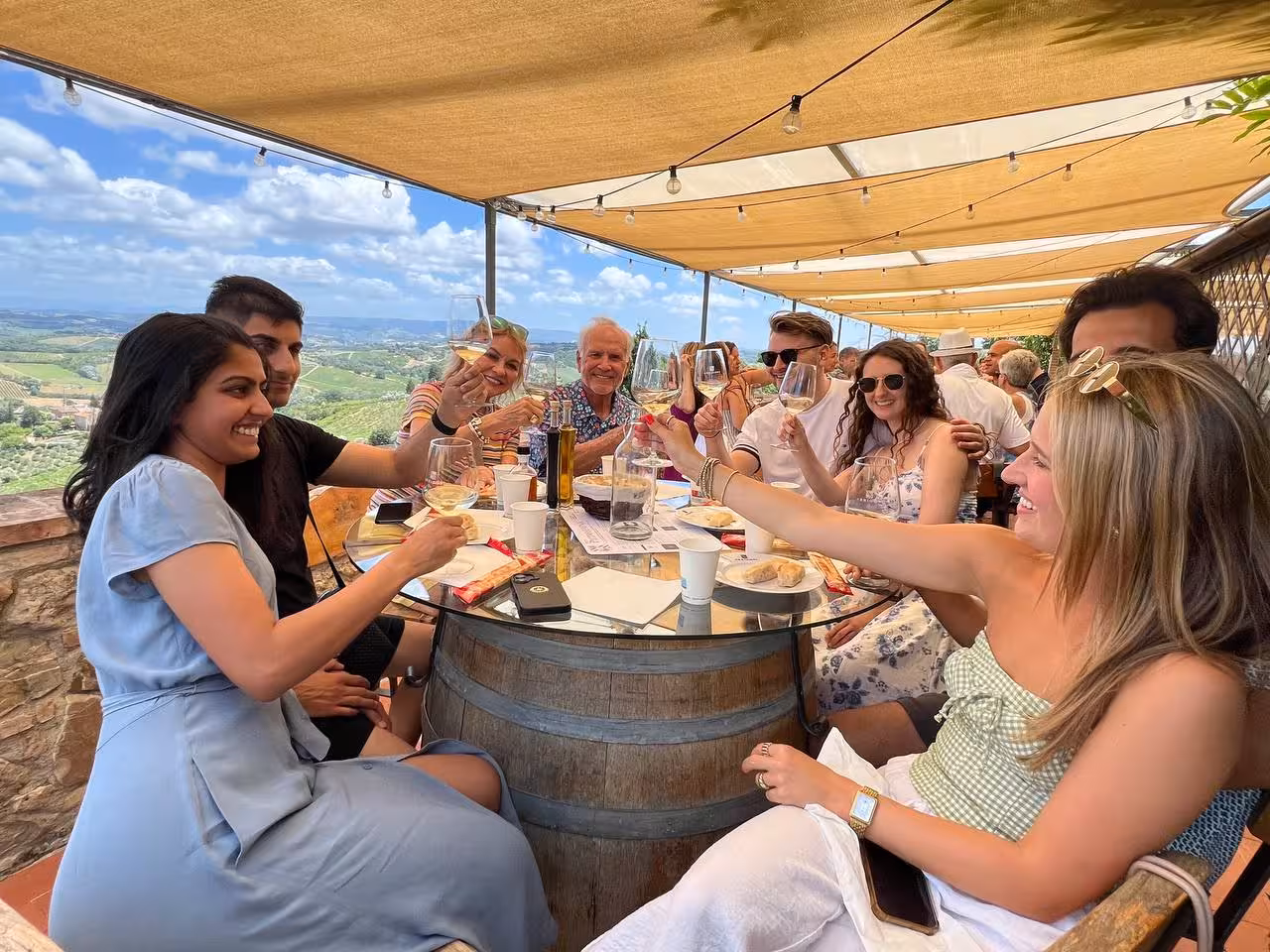 Group toasting wine glasses at an outdoor table overlooking Chianti vineyards on a private tour in Greve.