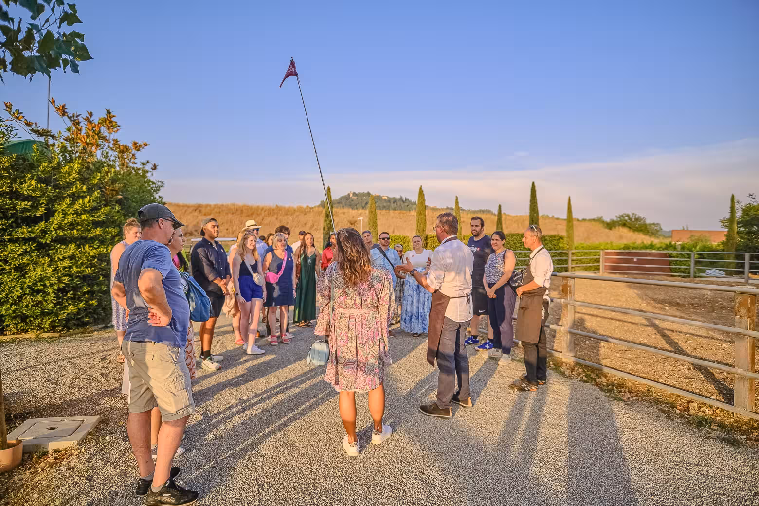 Guide leading a group through scenic Chianti vineyards under a clear blue sky.