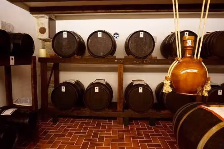 Chianti wine cellar barrels at a Castellina winery stop on Tuscany wine tasting tour from Rome