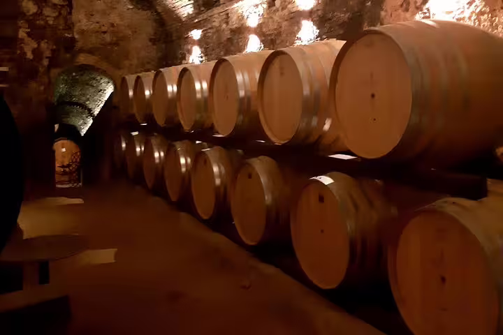 Historic Chianti wine cellar with rows of oak barrels, visited on a private Tuscan tour with guided tasting and lunch