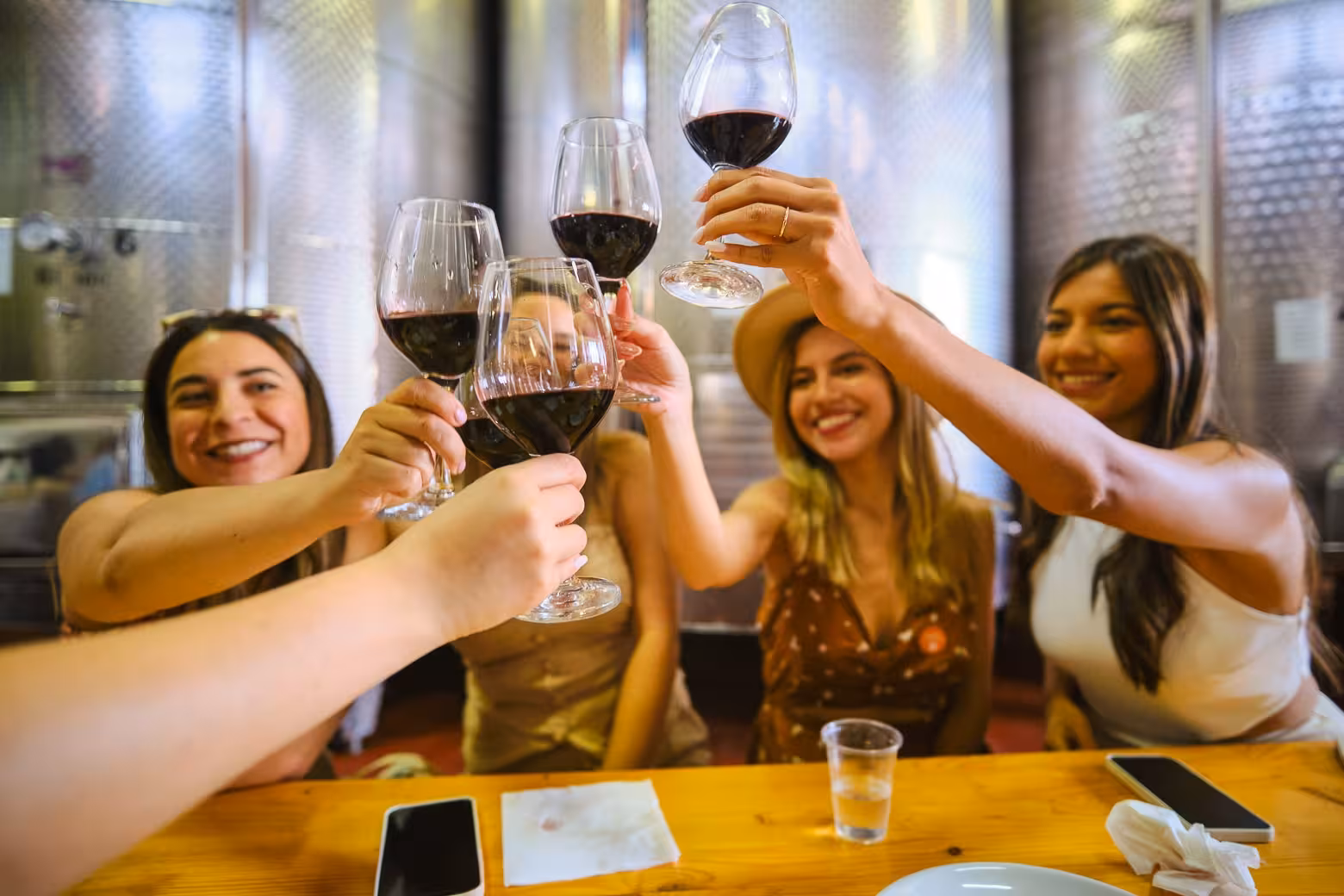 Friends toasting with red wine glasses in a vibrant Chianti winery, celebrating the wine tour experience.