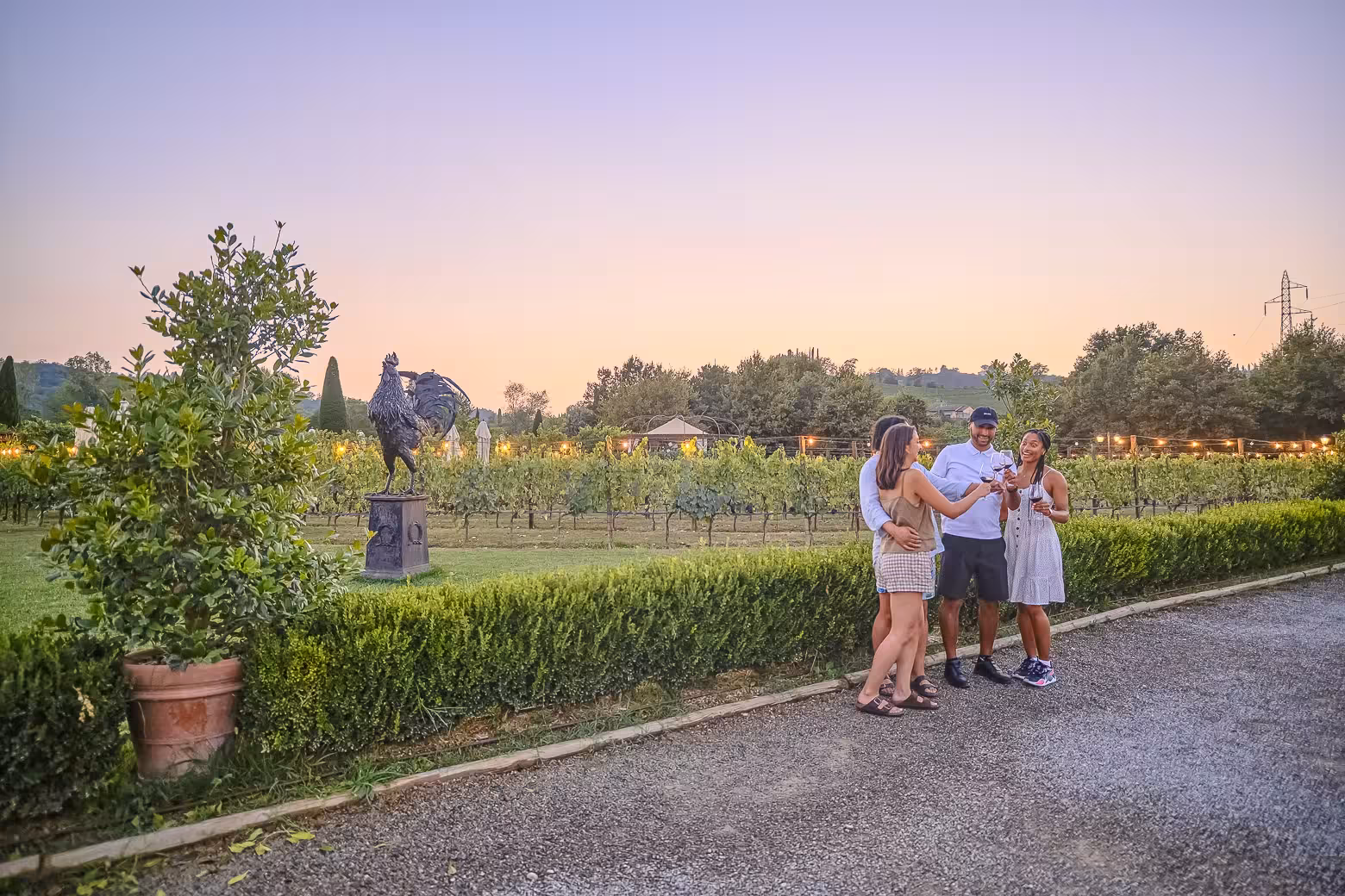 Tourists toasting with wine glasses in a scenic vineyard setting on the Siena and Chianti wine tour from Florence.