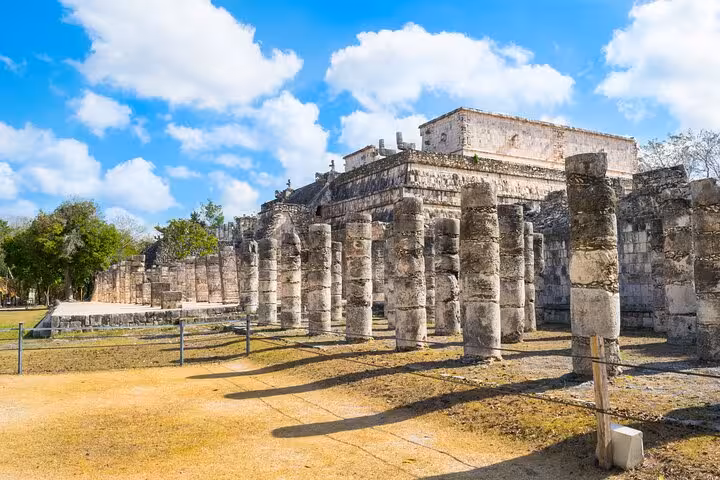 Ancient Mayan stone columns at Temple of Warriors Chichen Itza on private guided tour from Cancun Yucatan Mexico