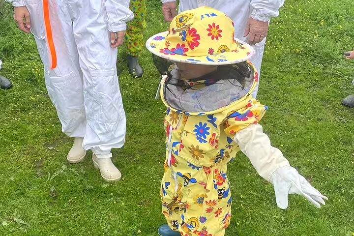 Child in colorful beekeeper suit explores a lush green field during Evora's bee apiary guided tour experience.