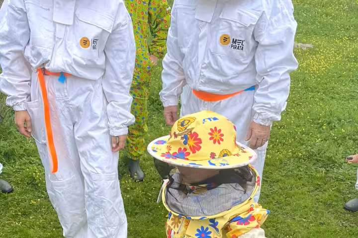 Child in colorful beekeeping suit joining adults on Évora beekeeping experience tour.