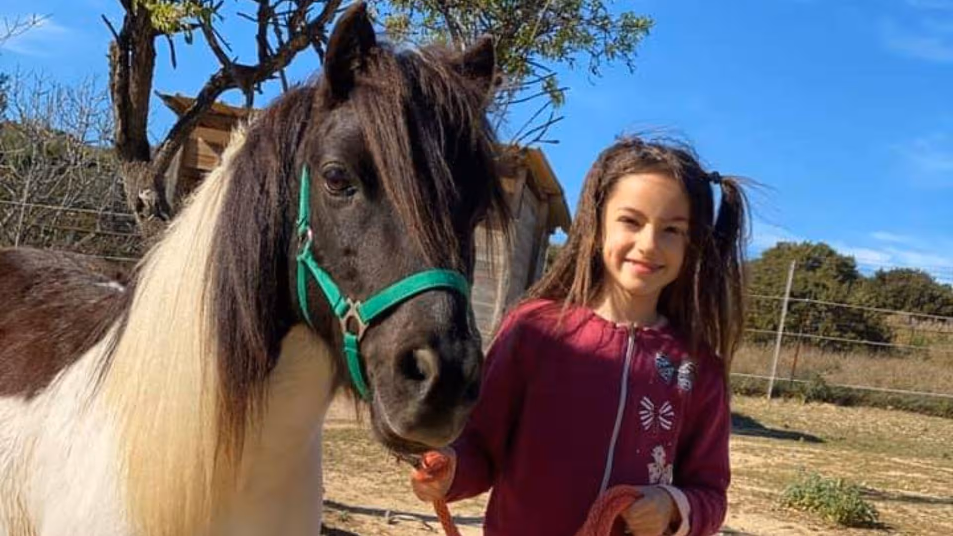 Smiling child with a pony at Cagliari farm, offering a delightful animal interaction in a scenic environment.