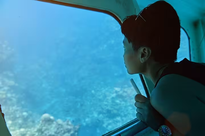 Child watching Red Sea coral through semi-submarine window on 2-hour Hurghada snorkeling tour