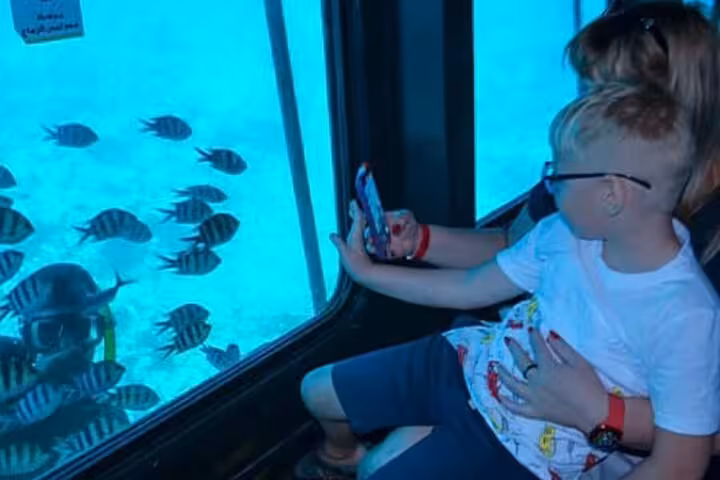 Child watching tropical fish through semi submarine window on Sharm El-Sheikh Red Sea underwater tour with transfer