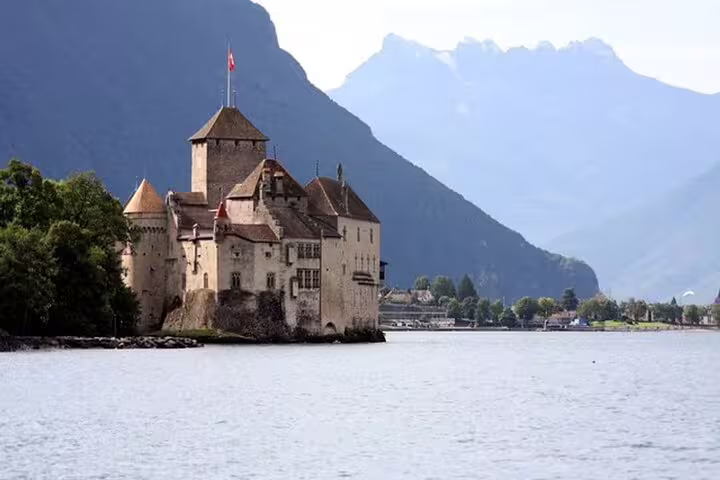 Chillon Castle on Lake Geneva with Swiss Alps in background, Montreux Switzerland