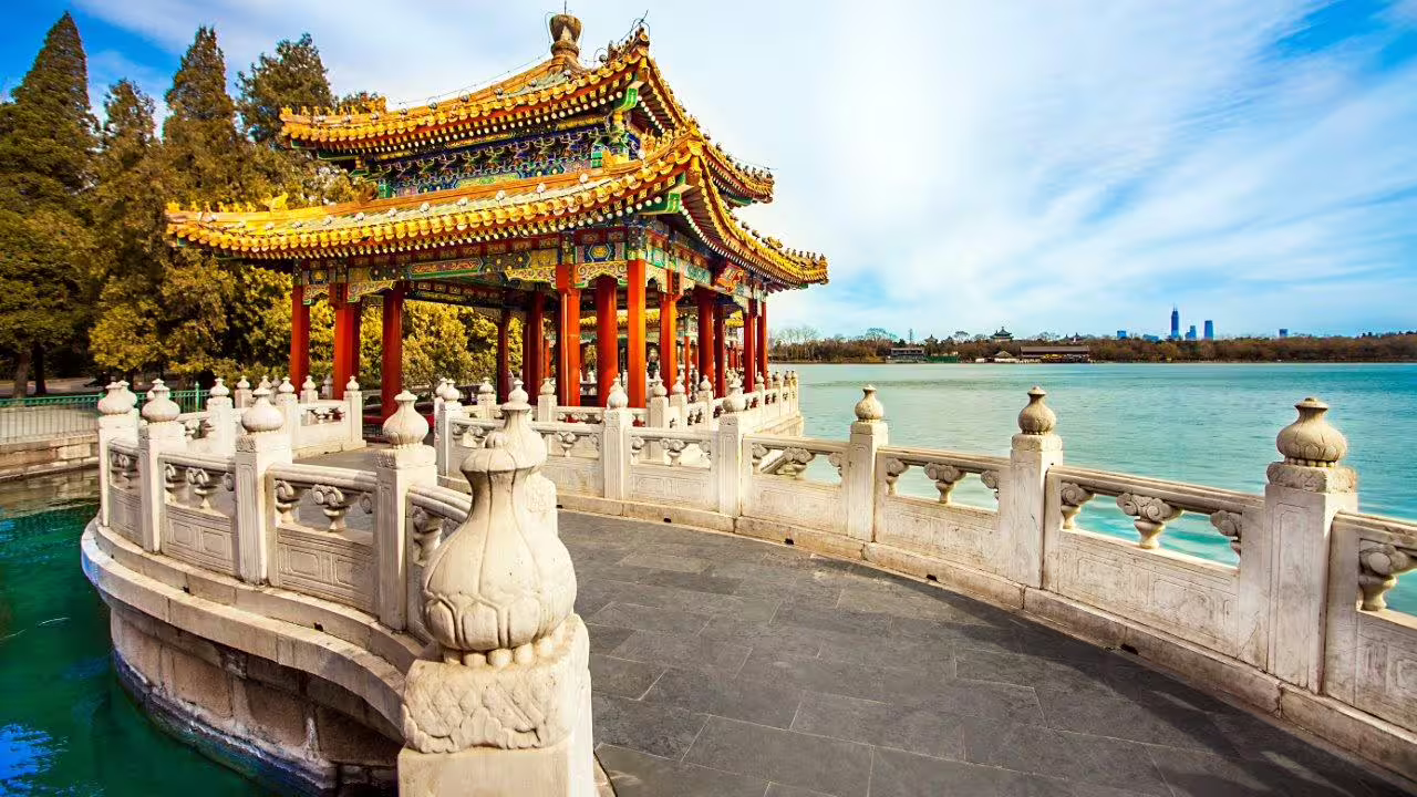 Enjoy serene lakeside views and vibrant pavilions on a China Explorer private tour.
